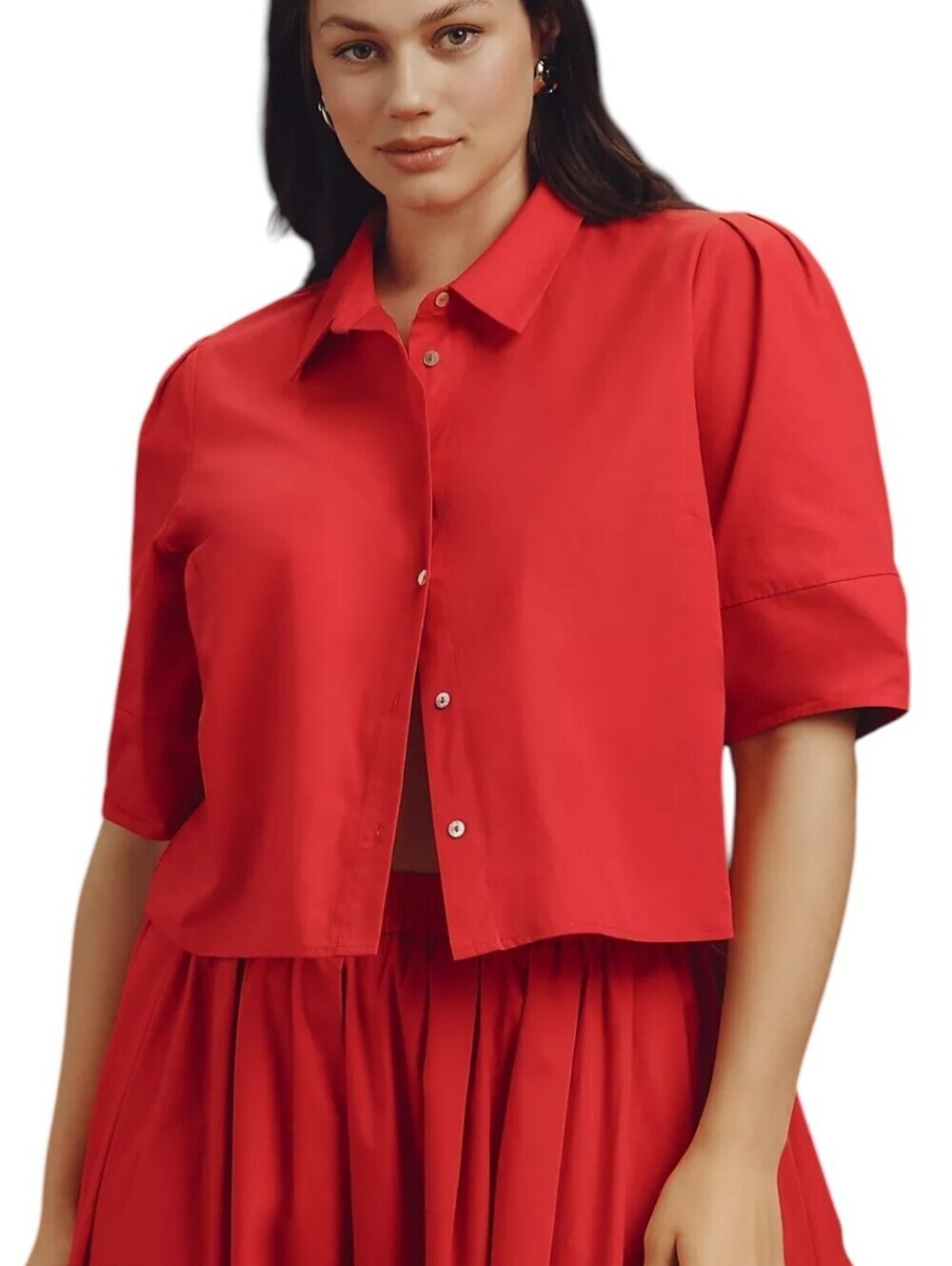 Anthropologie Maeve Red Short Sleeve Cotton Poplin Crop Button Blouse Medium